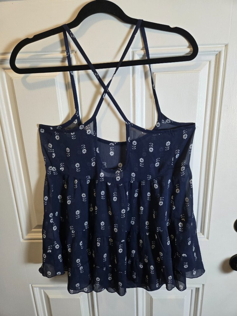 Abercrombie & Fitch Floral Tiered Tank Top Small Navy Blue Criss Cross Back Boho